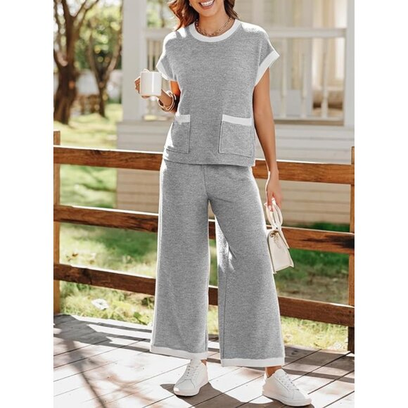 NEW SHEWIN Set - Cap Sleeve Knit Sweater Top with Pocket Wide Leg Pant - Grey - Picture 2 of 7